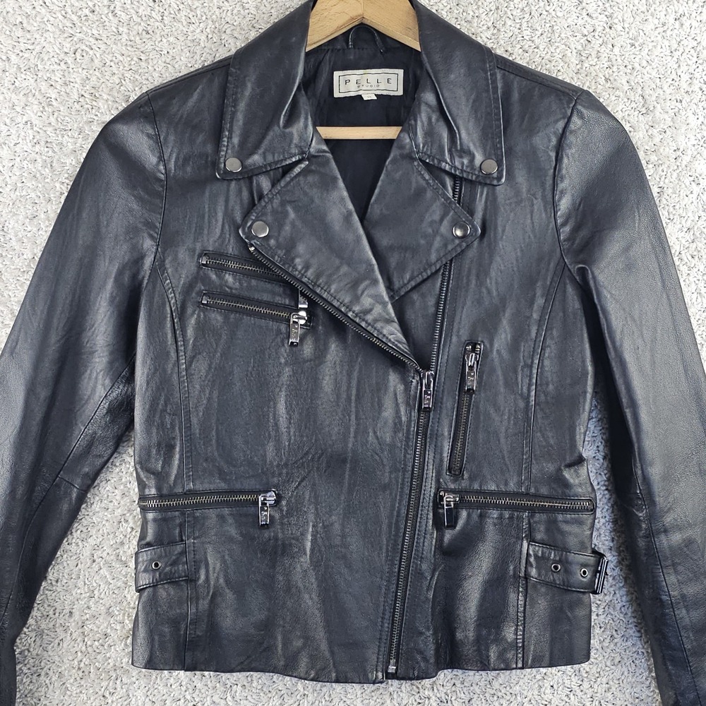 Vintage Pelle Studio Black Leather Moto Jacket Womens Medium Asymmetrical Buckle